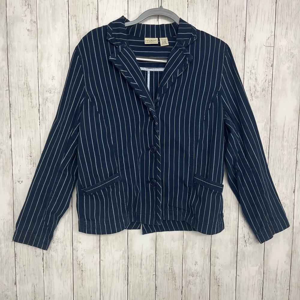 L.L. Bean Blue White Striped Button Front Long Sleeve Collared Blazer Jacket 14